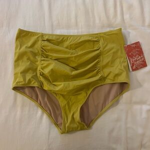 Kortni Jeane Ruched High-Waist Bikini Bottom in Chartreuse